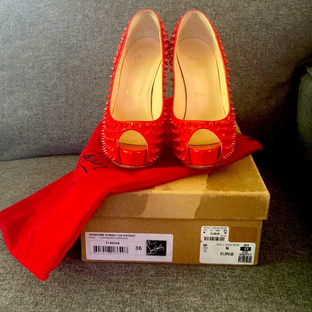 EUC Christian Louboutin Vendome Spikes 120 Patent Red Size 36